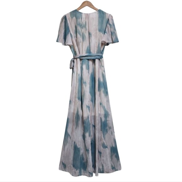 Chic Soul Dress Sz 1X Teal Tan Chiffon Maxi Flutter Sleeve Surplice V Neck Slit - Picture 3 of 13